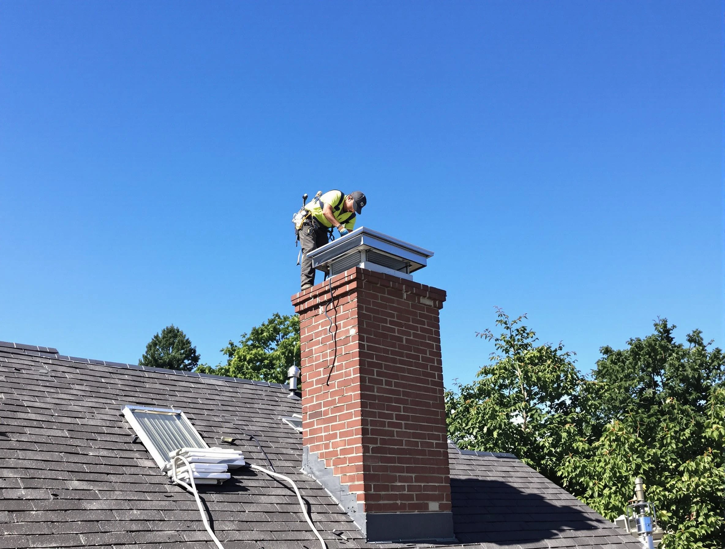 Montclair Chimney Sweep technician measuring a chimney cap in Montclair, NJ